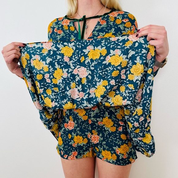 Zara Long Sleeve Floral Boho Flowy Tie Neckline Romper Mini Dress - Picture 5 of 8